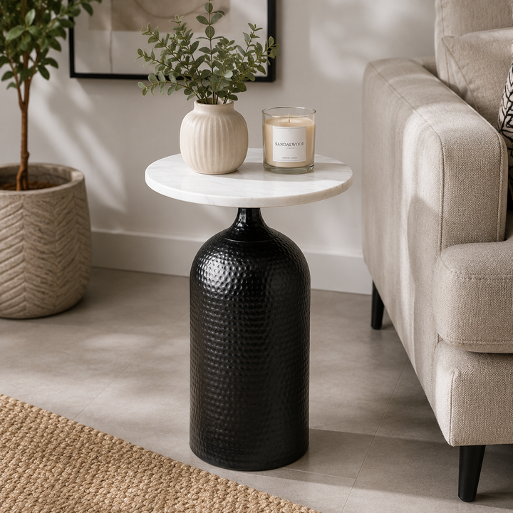 Expobazaar Black Metal Side Table with Marble Top