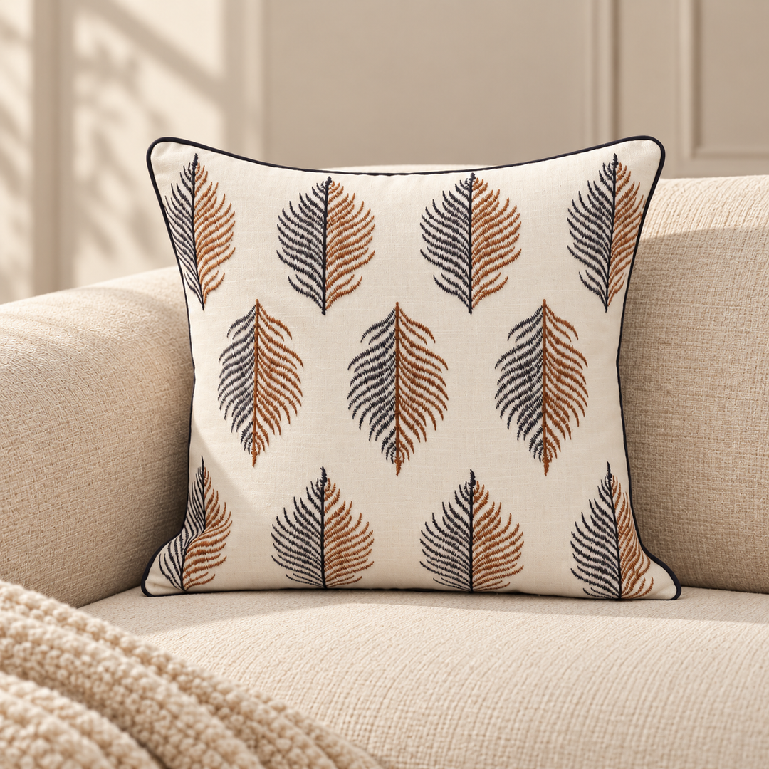 Botanical Leaf Embroidered Cushion Cover, View 2