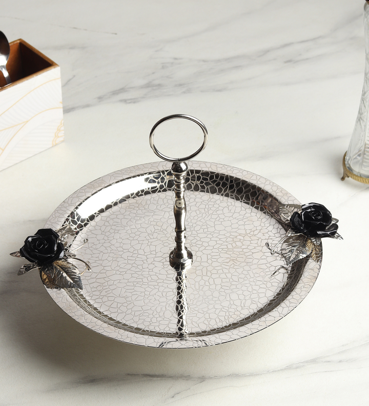 Petal Eclat Stainless Steel Cake Stand with Floral Accent Black view 1