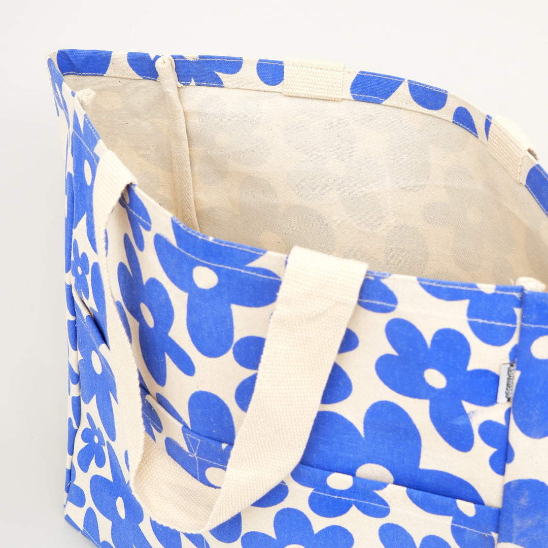 Blue Floral Print Canvas Tote Bag, View 5