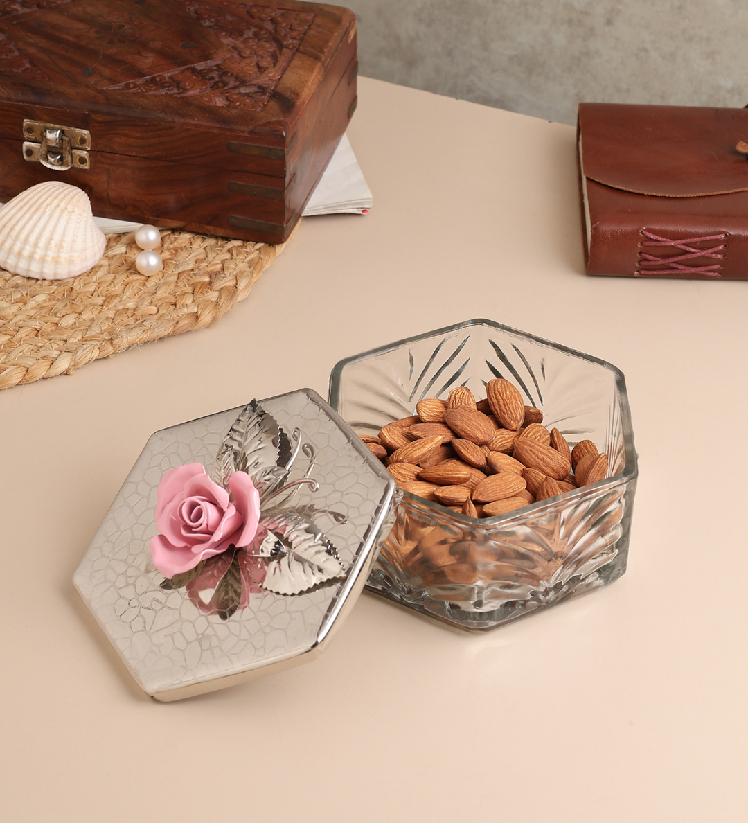 Petal Eclat Hexagon Trinket Box with Floral Bloom Accent Pink view 2