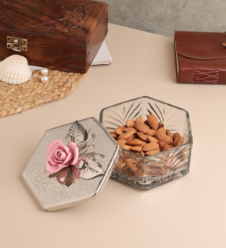 Petal Eclat Hexagon Trinket Box with Floral Bloom Accent Pink view 2