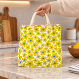 Yellow Floral Print Jute Lunch Bag
