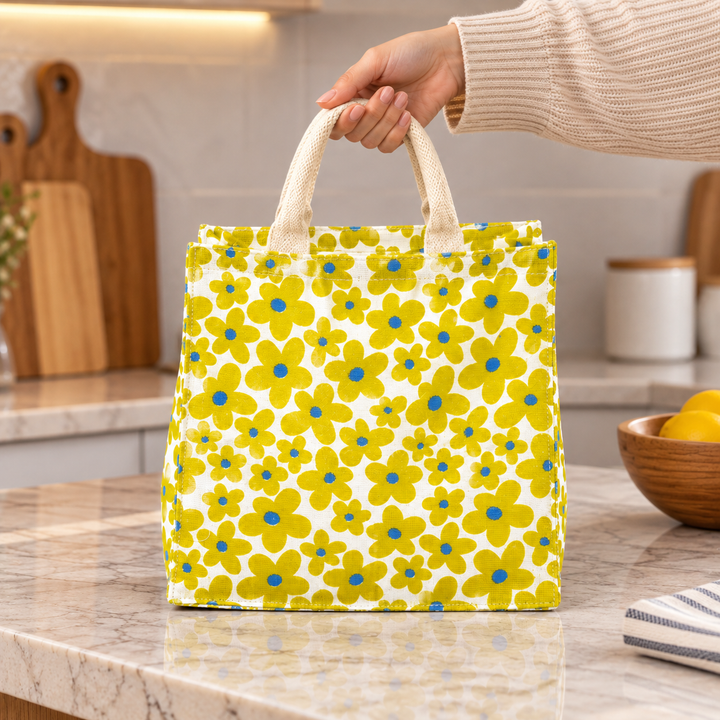 Yellow Floral Print Jute Lunch Bag