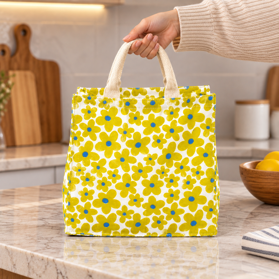 Yellow Floral Print Jute Lunch Bag