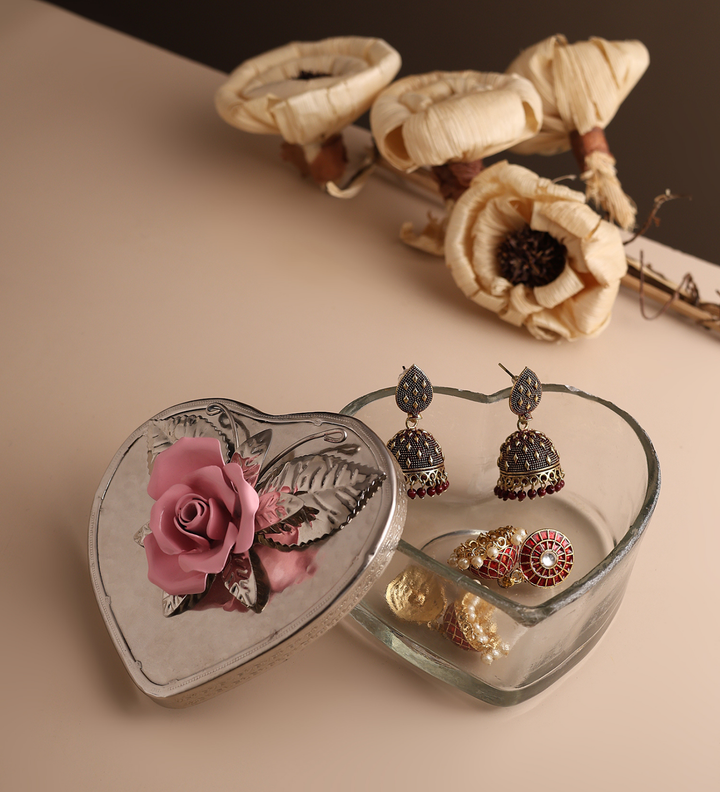 Petal Eclat Heart Shaped Trinket Box with Floral Accent Pink view 1