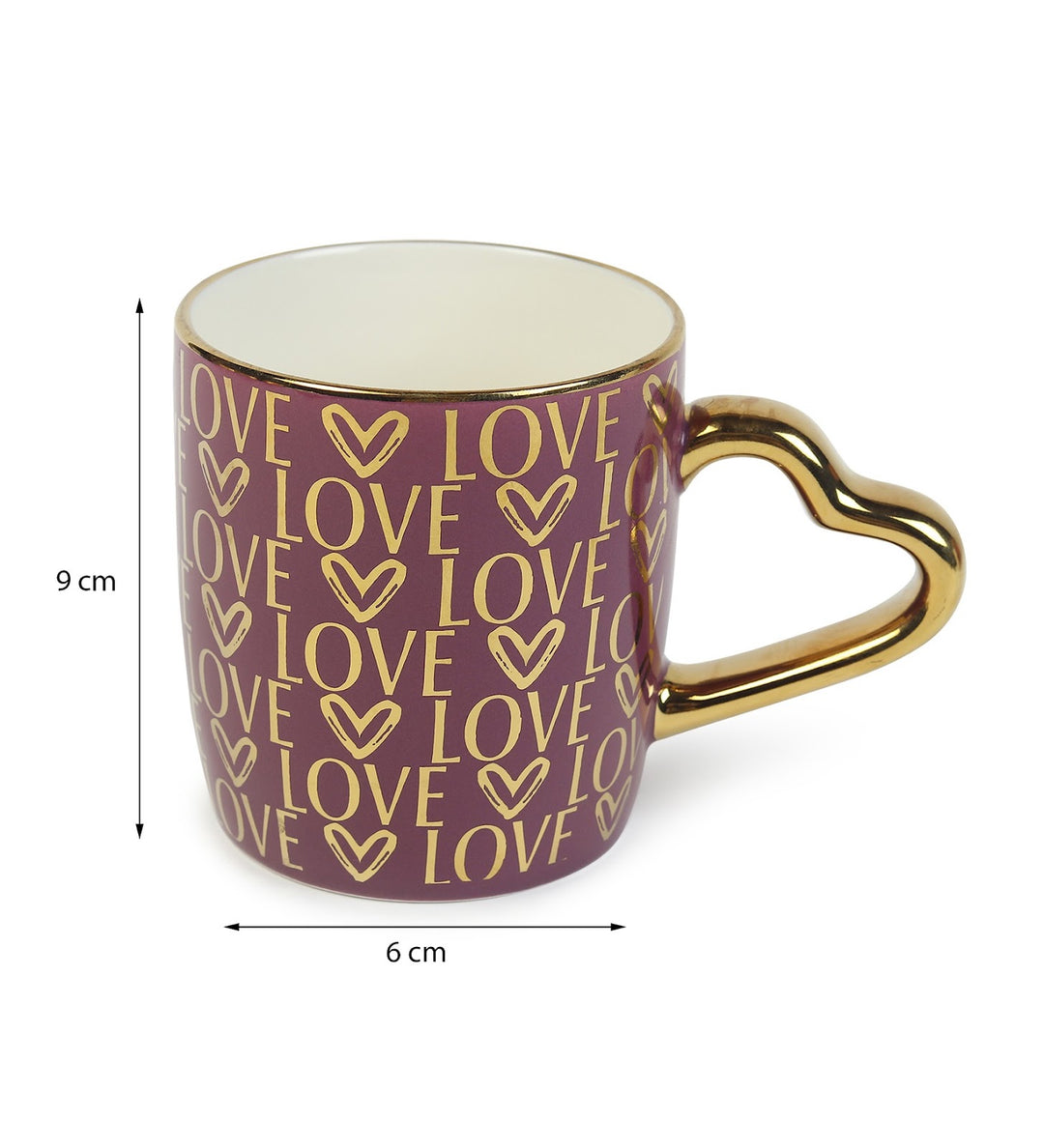 Love Quote Ceramic Coffee Mug with Gold Heart Handle Love Notes Purple view 3