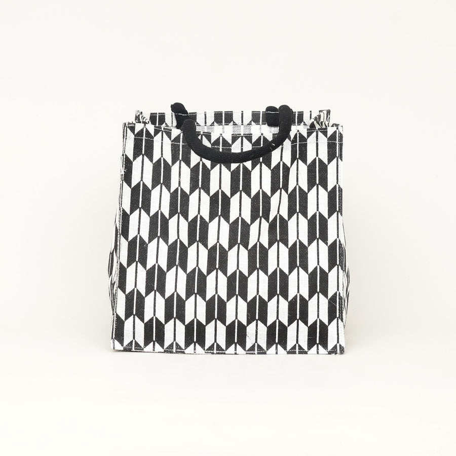 Black and White Geometric Jute Lunch Bag