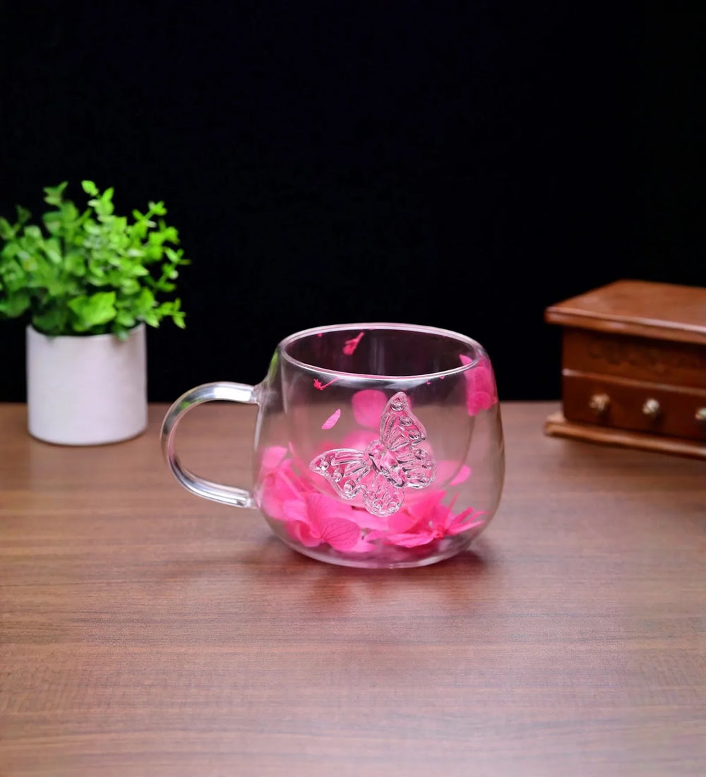 Titli Bloom Floral Glass Mug with Butterfly Pink view 2