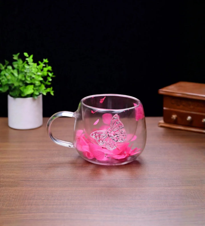 Titli Bloom Floral Glass Mug with Butterfly Pink view 2