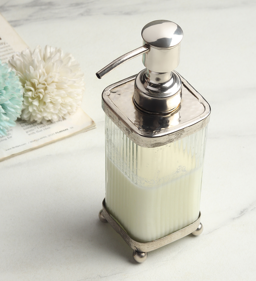 Elio Sculpted Glass Soap Dispenser with Metal Accents view 2