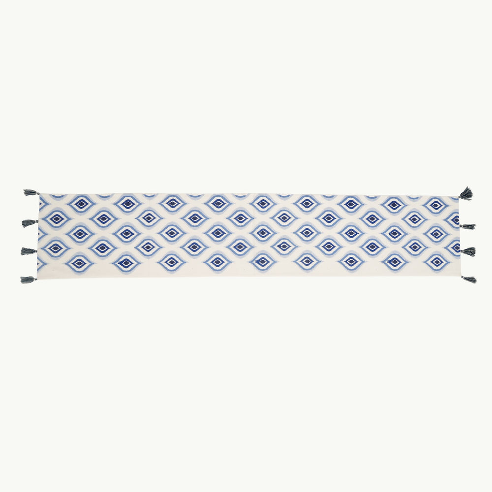 Blue Geometric Table Runner with Tassels, View 2