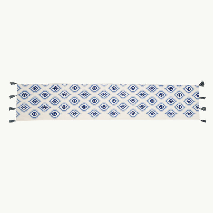 Blue Geometric Table Runner with Tassels, View 2