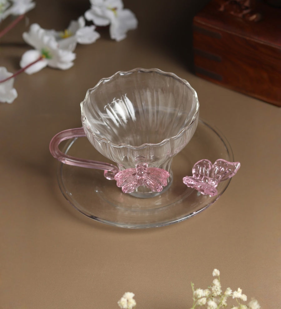 Titli Elina Fluted Glass Cup and Saucer with Butterflies view 1