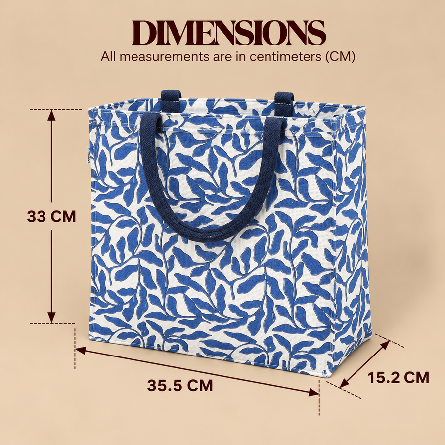 Blue Leaf Print Jute Lunch Bag