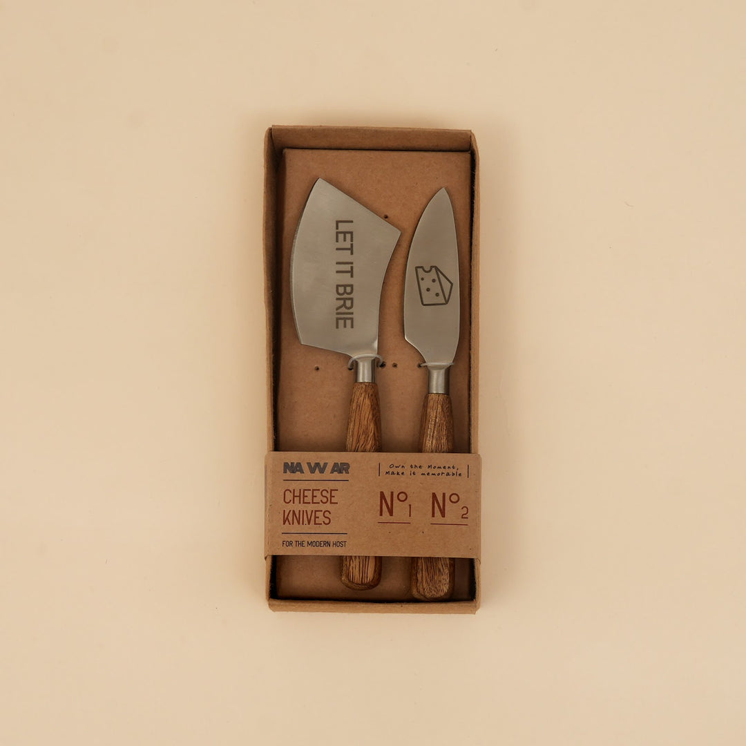 Etched steel and wood cheese knife set