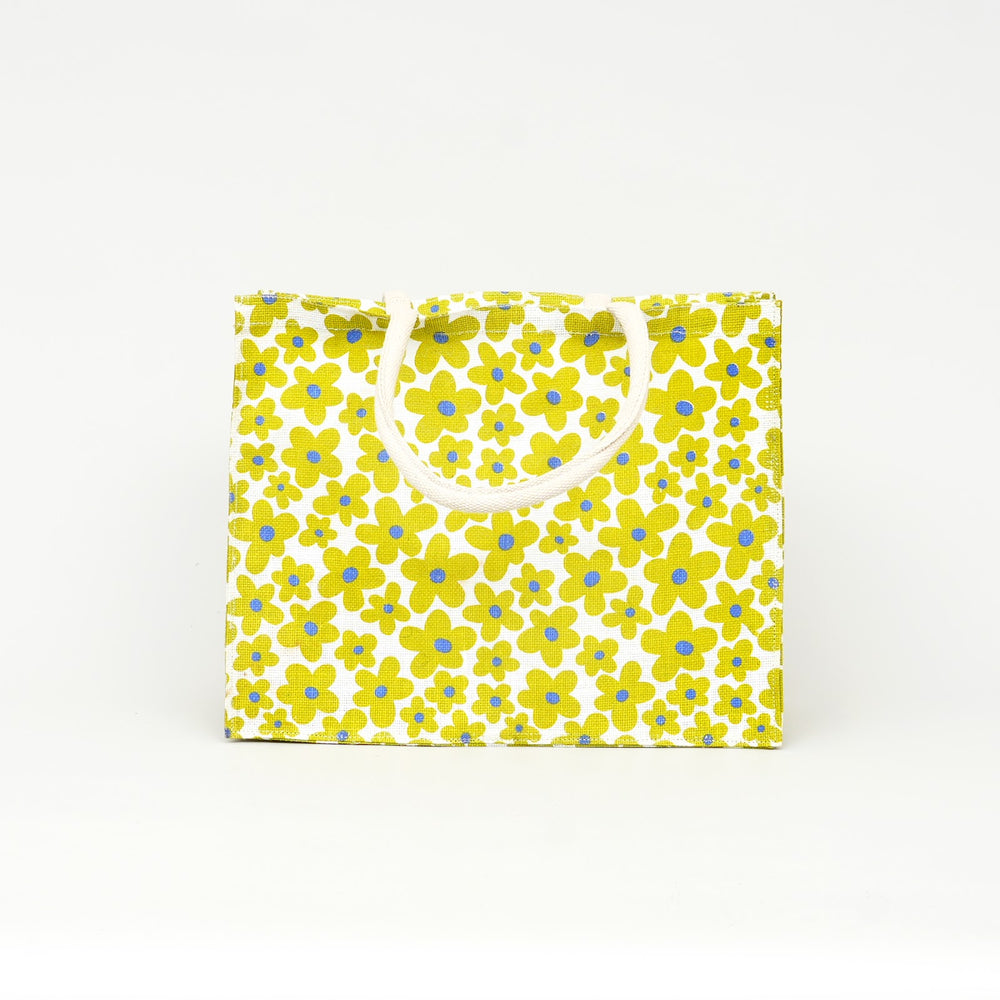 Yellow Floral Print Jute Shopping Bag, View 2