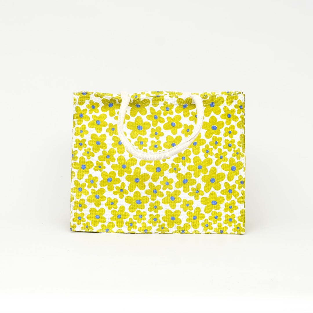 Yellow Floral Print Jute Shopping Bag, View 2