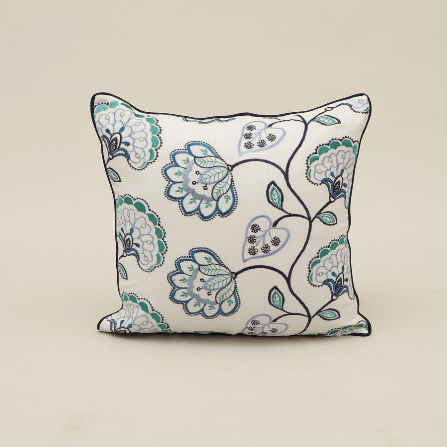 Blue Floral Vine Embroidered Cushion Cover