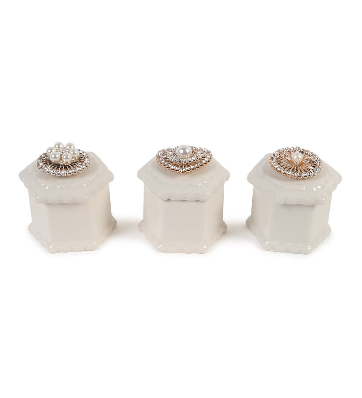 Medallion Jewelled White Porcelain Trinket Box Set view 4
