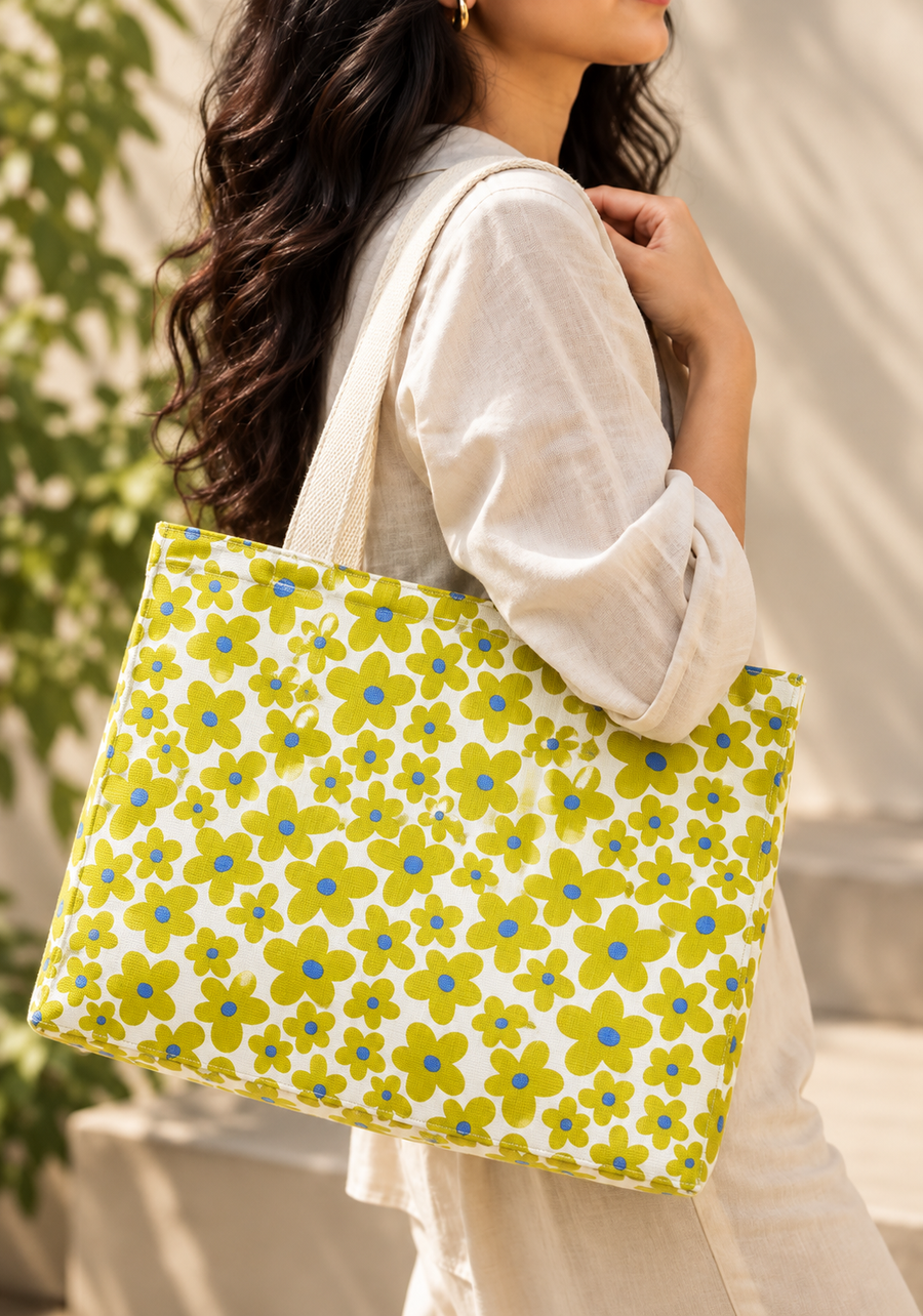 Yellow Floral Print Jute Shopping Bag