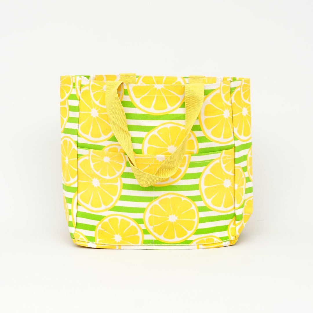 Lemon Print Striped Canvas Tote Bag