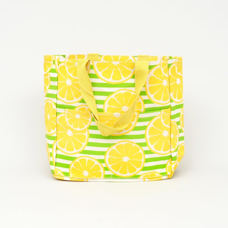Lemon Print Striped Canvas Tote Bag