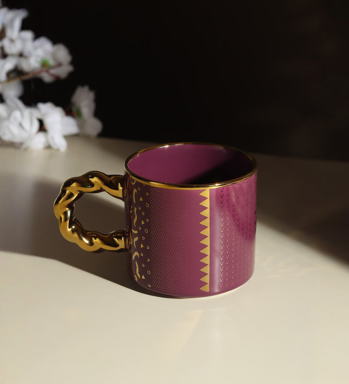 Ceramic Coffee Mug with Gold Line Art and Gold Handle Roxy Purple view 1