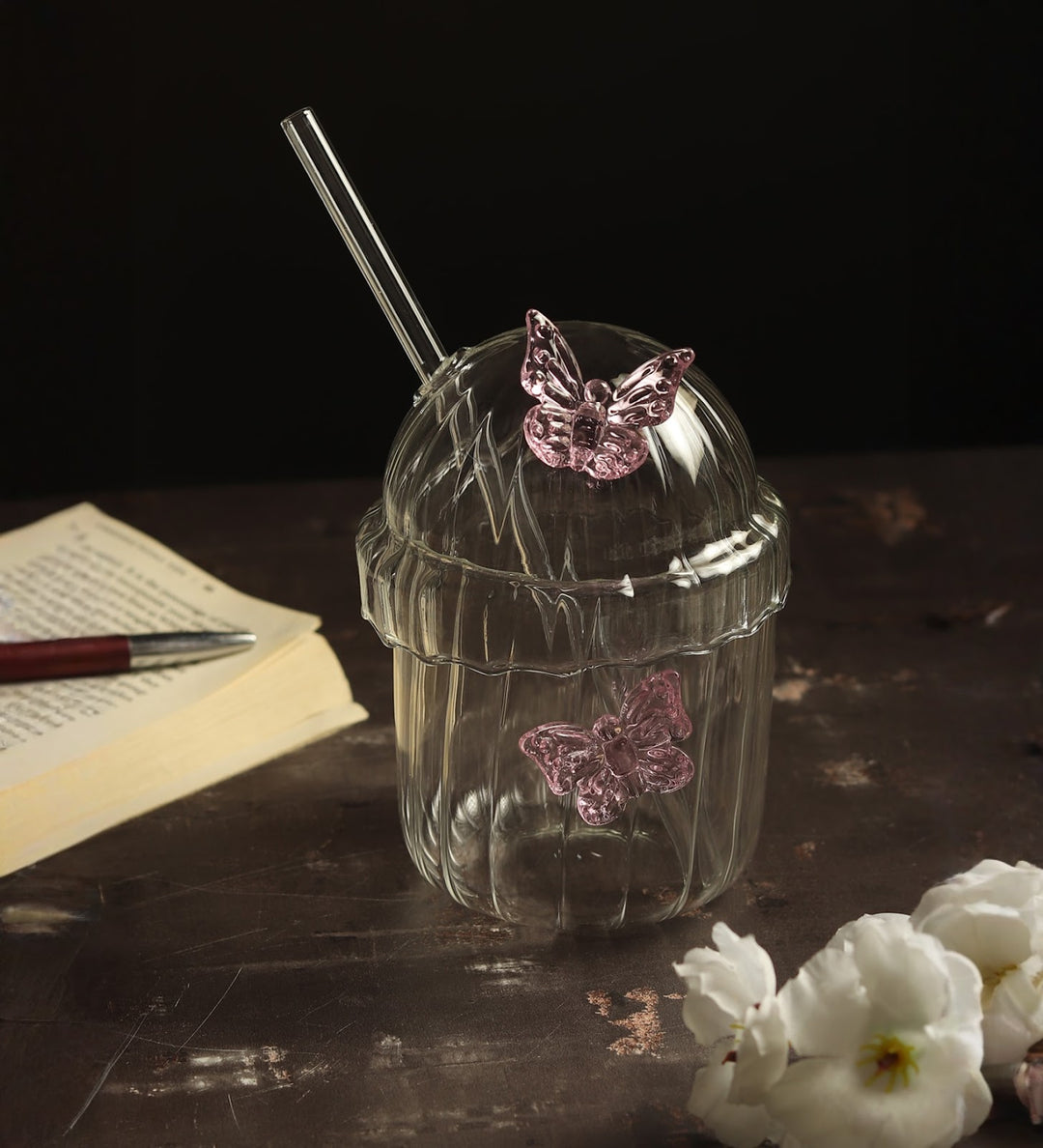 Titli Bella Butterfly Ribbed Tall Glass Tumbler view 1
