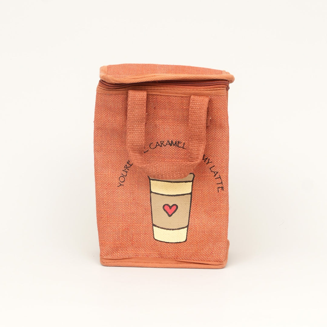 Insulated Jute Lunch Bag, Coffee Cup Print, View 3