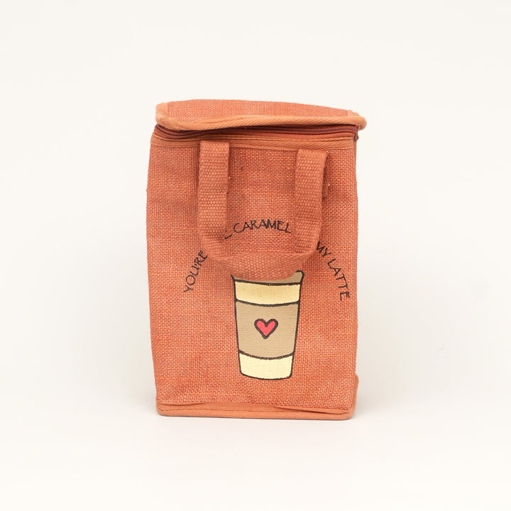 Insulated Jute Lunch Bag, Coffee Cup Print, View 3