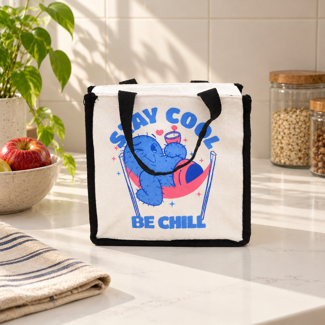 Express Jute Lunch Bag, Stay Cool Be Chill Print, View 6