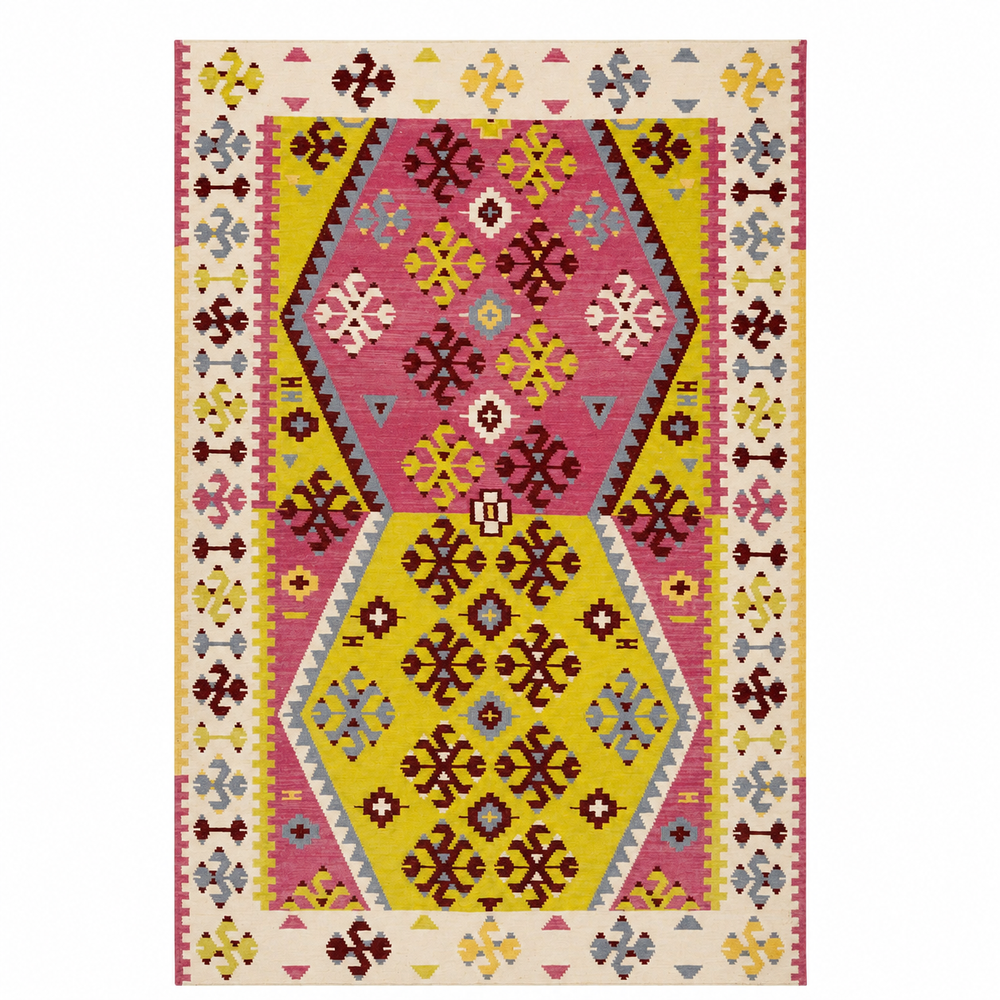 Ivory Banded handwoven wool kilim rug by Expobazaar
