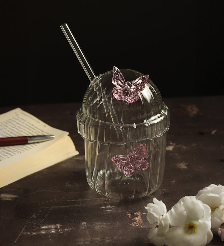 Titli Bella Butterfly Ribbed Tall Glass Tumbler view 2