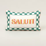 Saluti Print Cotton Lumbar Cushion in orange and green print