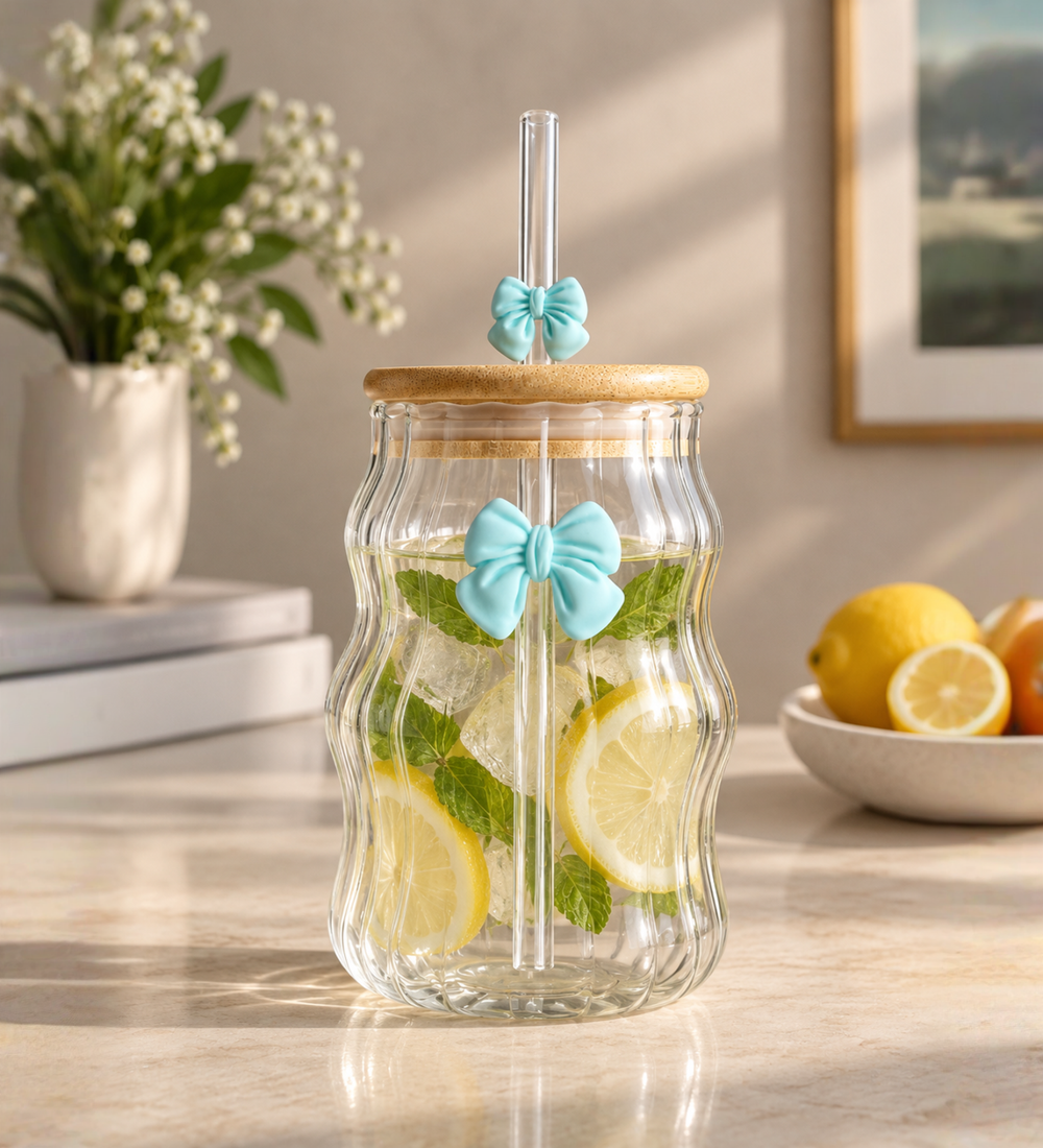 Taffy Wavy Glass Tumbler with Wooden Lid and Straw Blue view 2