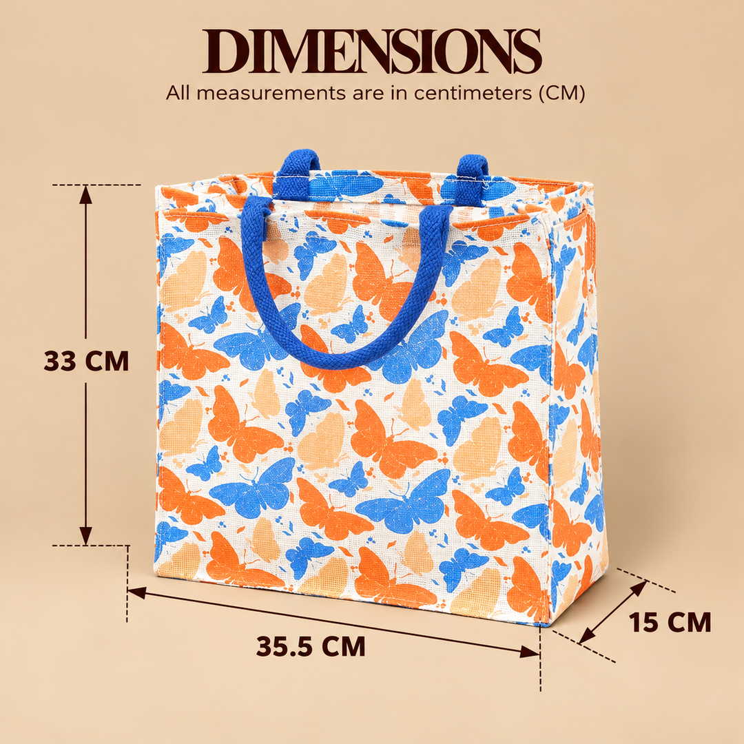 Multicolour Butterfly Print Jute Lunch Bag