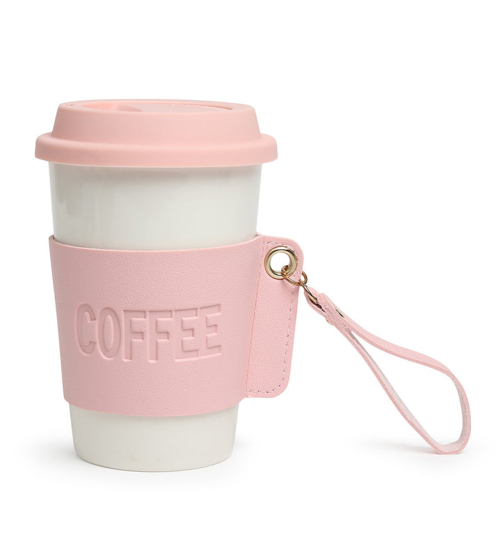 Brewster Ceramic Coffee Tumbler with Leather Wrap Pink view 4