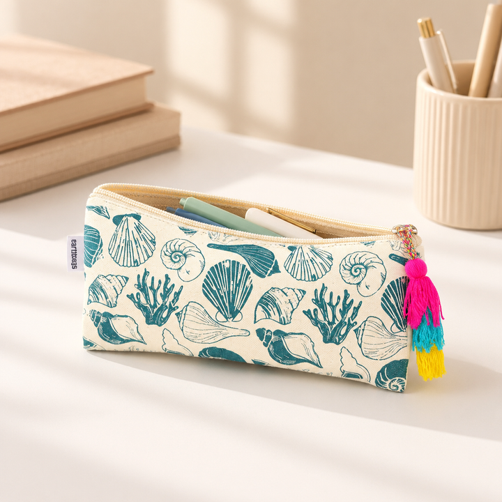 Blue Botanical Print Tassel Pencil Pouch
