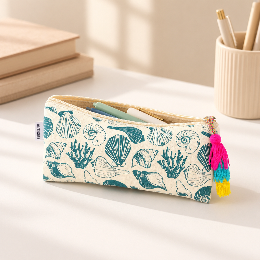 Blue Botanical Print Tassel Pencil Pouch