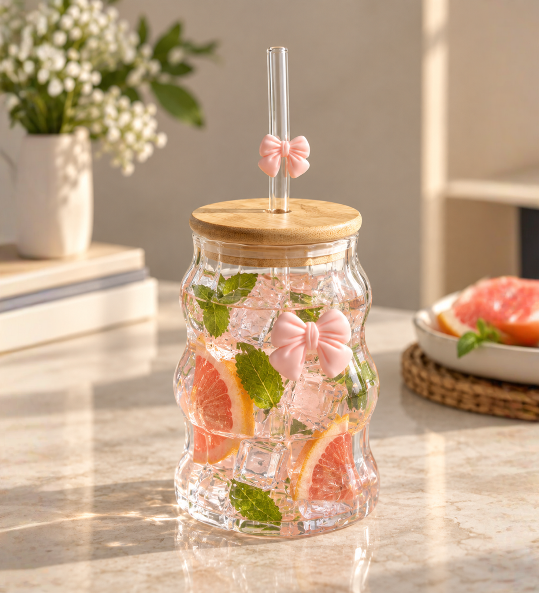 Taffy Wavy Glass Tumbler with Wooden Lid and Straw Pink view 1