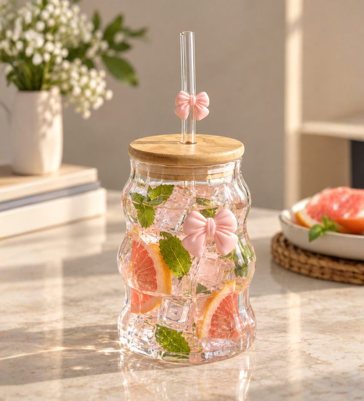 Taffy Wavy Glass Tumbler with Wooden Lid and Straw Pink view 1