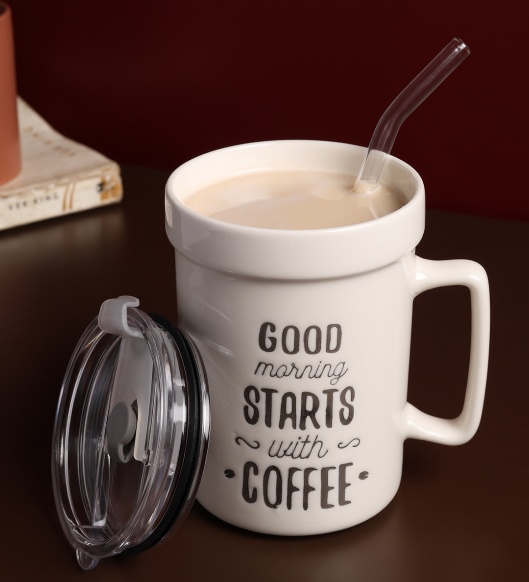 Percy White Ceramic Coffee Mug with Cafe Inscription Good Things Start With Coffee view 2