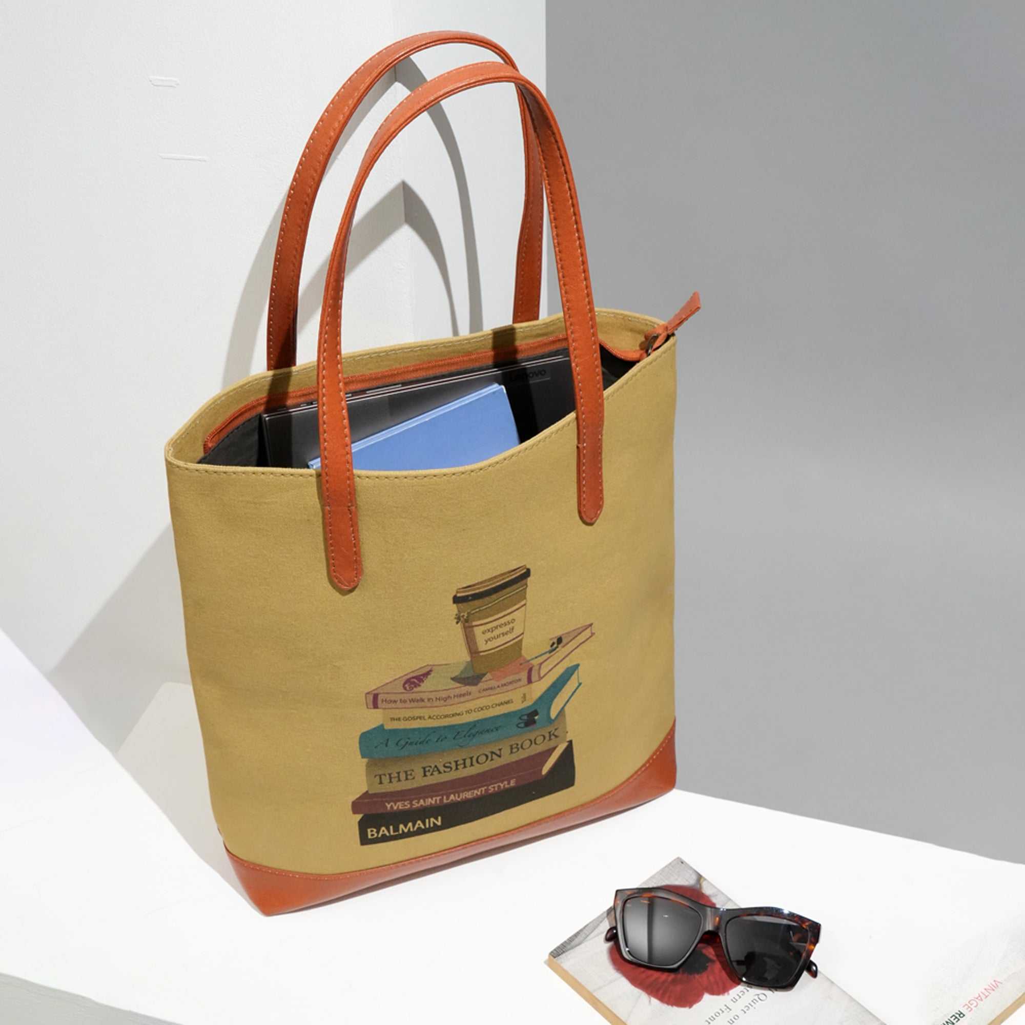 Unisex Mud Color Canvas Tote with Leather Accents for Daily Use