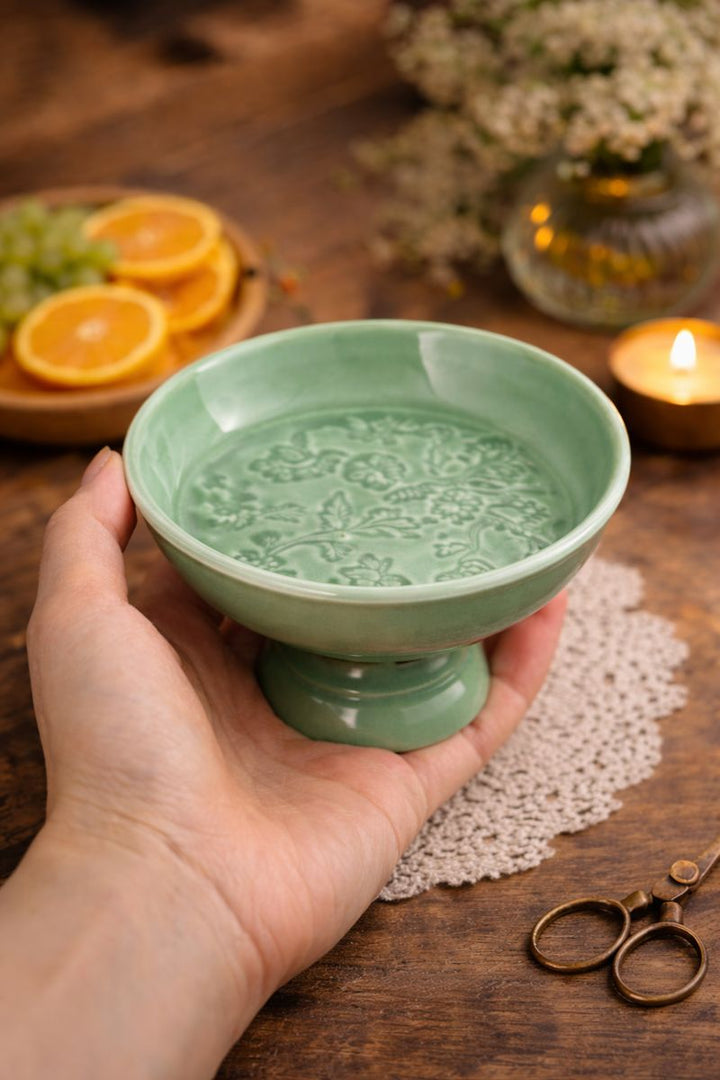 Green Ceramic Finish Cake Stand 12.5 Inch with Embossed Design