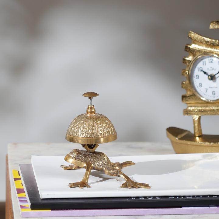 Decorative Aluminium Frog Desk Bell Elegant Golden Accent Piece