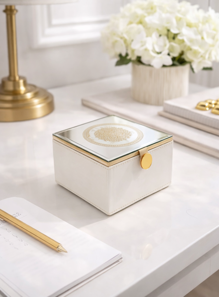 Expobazaar Modern White Trinket Box with Gold Finish