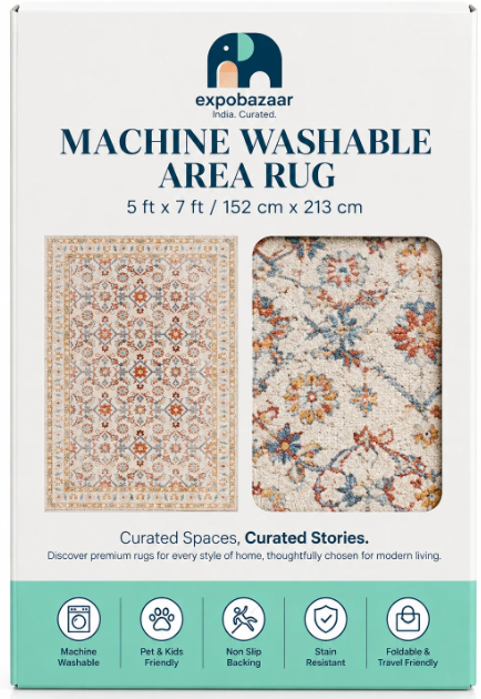 Expobazaar Washable Ivory Blossom Rug | Rug in a Box