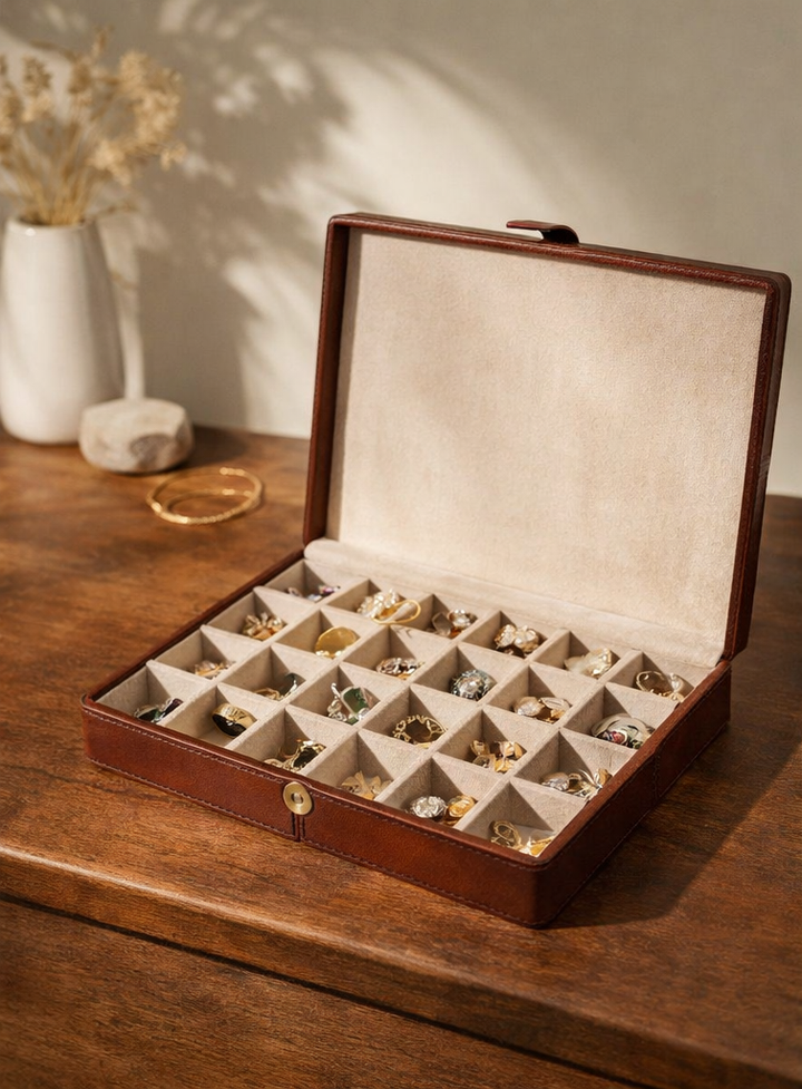 Expobazaar Premium Tan Leather Cufflink Organizer with Elegant Design