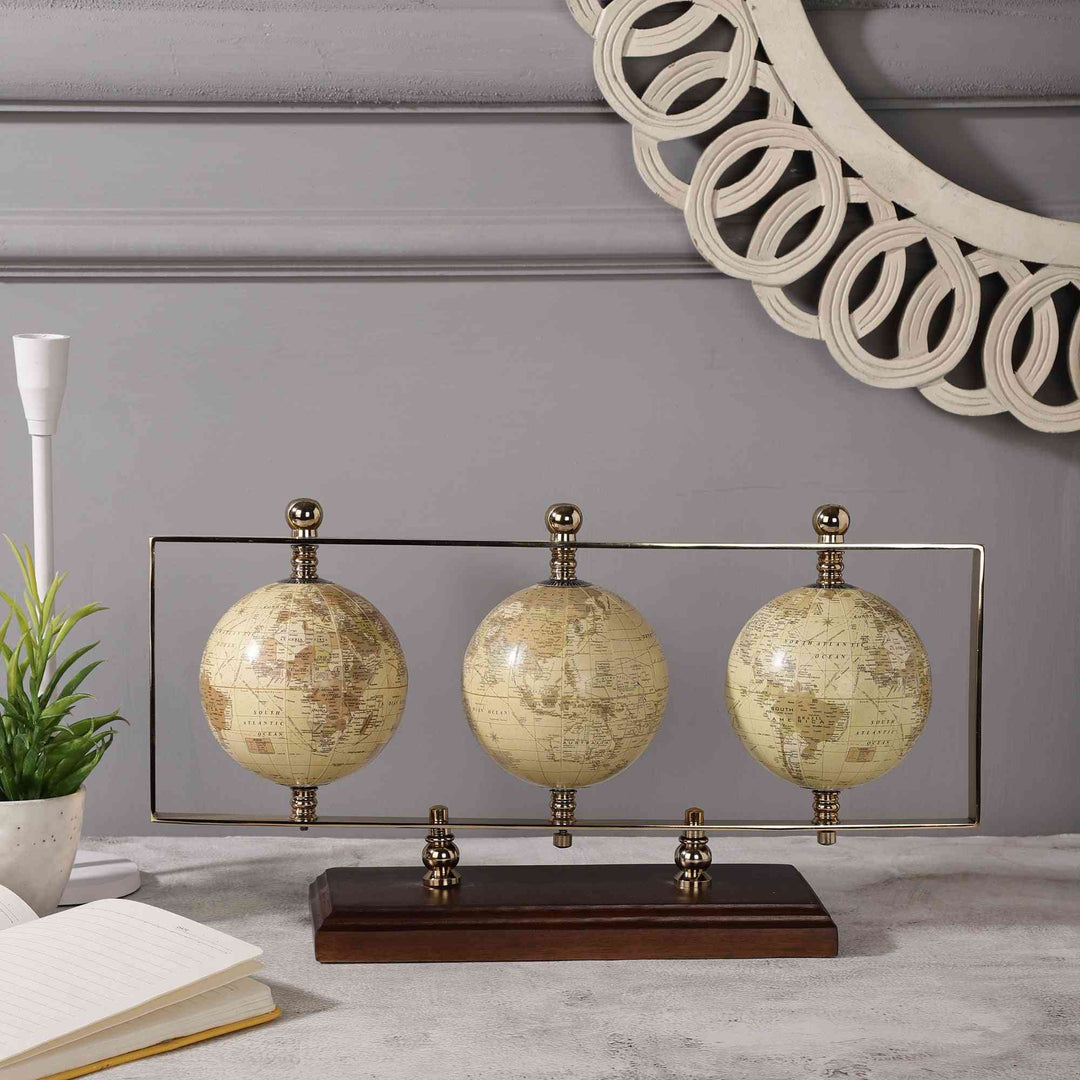 Triple Vertical Globe Odyssey | Revolving Wooden Base Decor for Offices